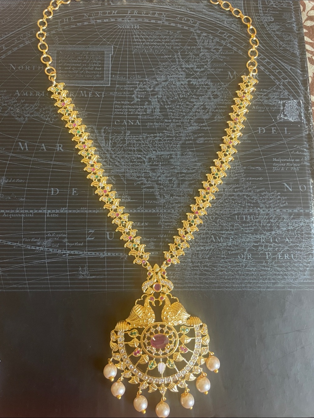 Gold-Tone Temple Pendant Necklace with Ruby & Emerald Accents